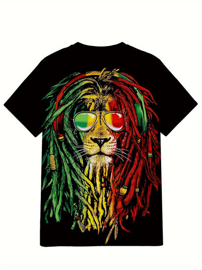 Men's Fashionable Lion Pattern Shirt, Casual Breathable Round Neck Short Sleeved T-shirt Top, Suitable For City Strolling, Street Hanging, Outdoor Activities