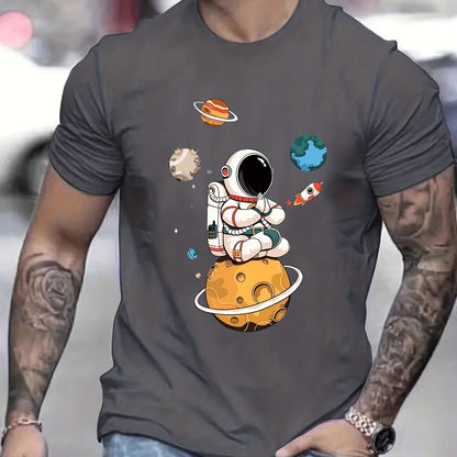 Summer Men's Casual Street Style Elastic Round Neck T-shirt With Cartoon Astronaut And Planet Patterns