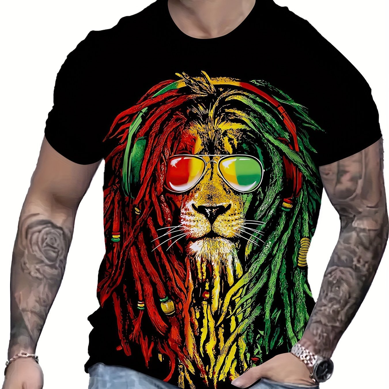 Men's Fashionable Lion Pattern Shirt, Casual Breathable Round Neck Short Sleeved T-shirt Top, Suitable For City Strolling, Street Hanging, Outdoor Activities