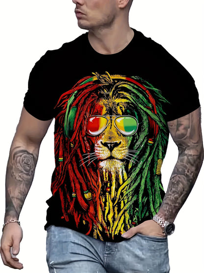 Men's Fashionable Lion Pattern Shirt, Casual Breathable Round Neck Short Sleeved T-shirt Top, Suitable For City Strolling, Street Hanging, Outdoor Activities